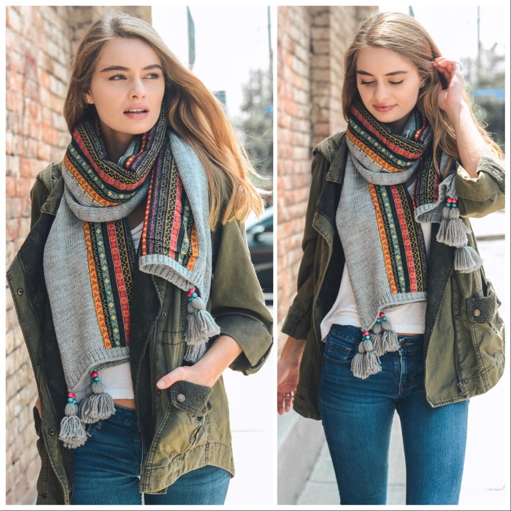 Bohemian Knit Braided & Tassel Scarf - Picture 4 of 8